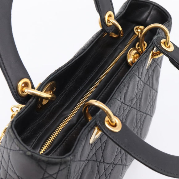 Christian Dior Lady Dior Canage Hand Bag Lamb Skin Black Gold Tone Auth 207293V