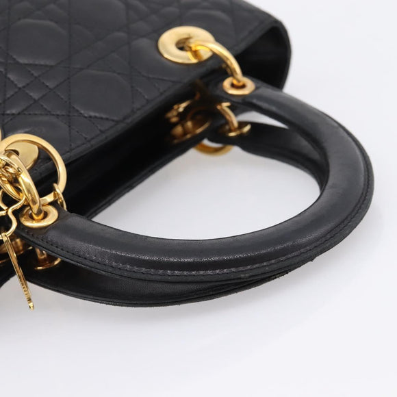 Christian Dior Lady Dior Canage Hand Bag Lamb Skin Black Gold Tone Auth 207293V
