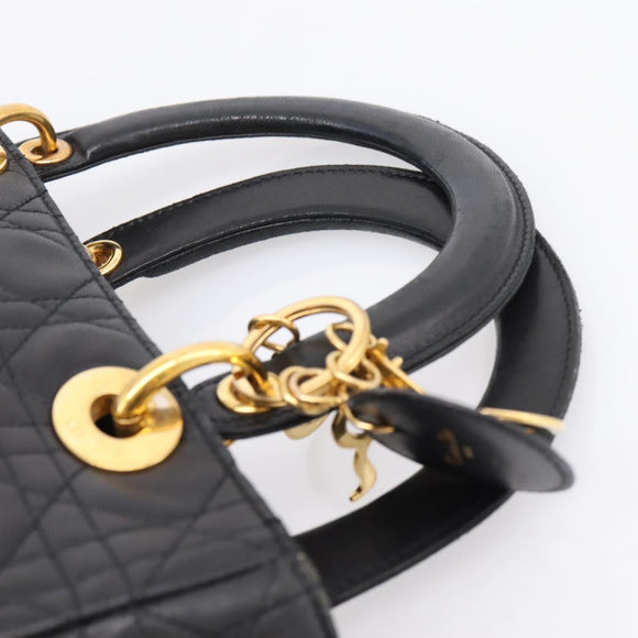 Christian Dior Lady Dior Canage Hand Bag Lamb Skin Black Gold Tone Auth 207293V