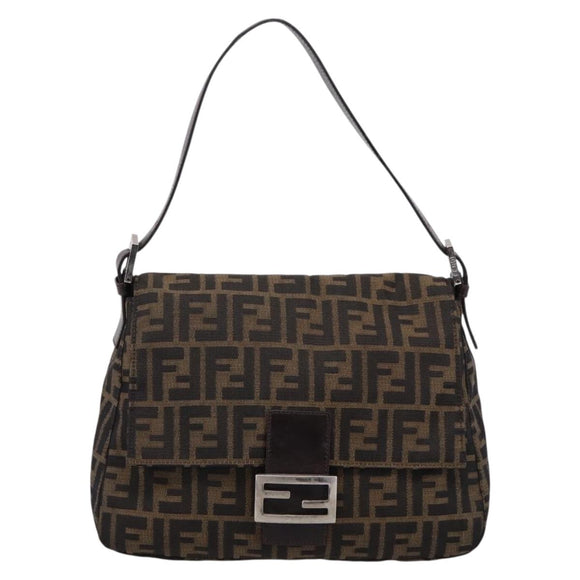 FENDI Zucca Canvas Mamma Baguette Shoulder Bag Brown Silver Auth 207296A