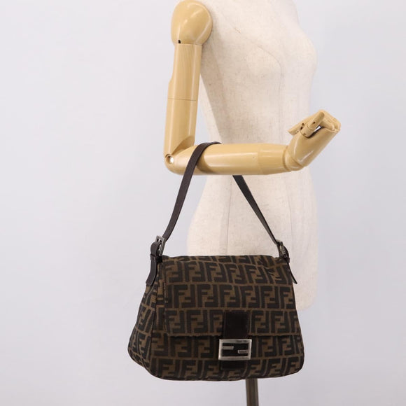 FENDI Zucca Canvas Mamma Baguette Shoulder Bag Brown Silver Auth 207296A