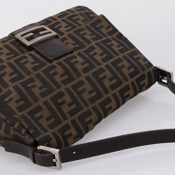 FENDI Zucca Canvas Mamma Baguette Shoulder Bag Brown Silver Auth 207296A
