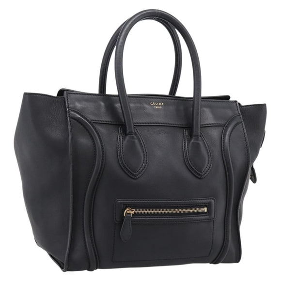 CELINE Luggage Micro Shopper Hand Bag Leather Black Gold Tone Auth 207298V
