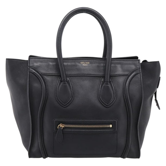CELINE Luggage Micro Shopper Hand Bag Leather Black Gold Tone Auth 207298V