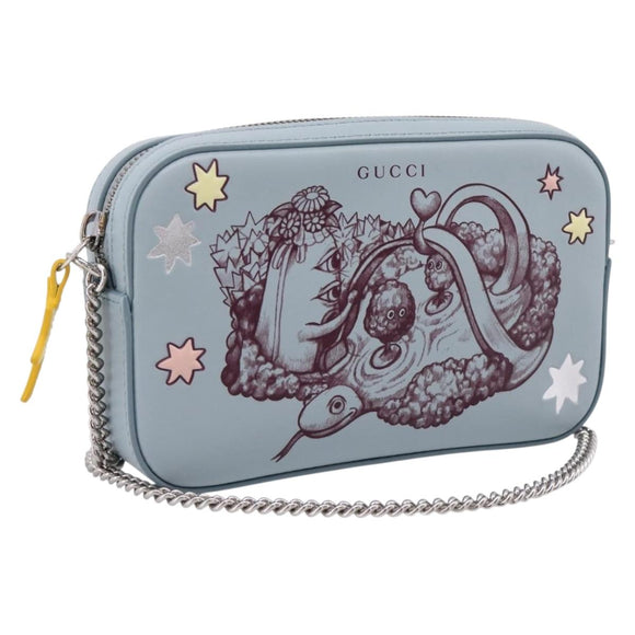 GUCCI Yuko Higuchi Chain Shoulder Bag Leather Light Blue 860648 Auth 207306M