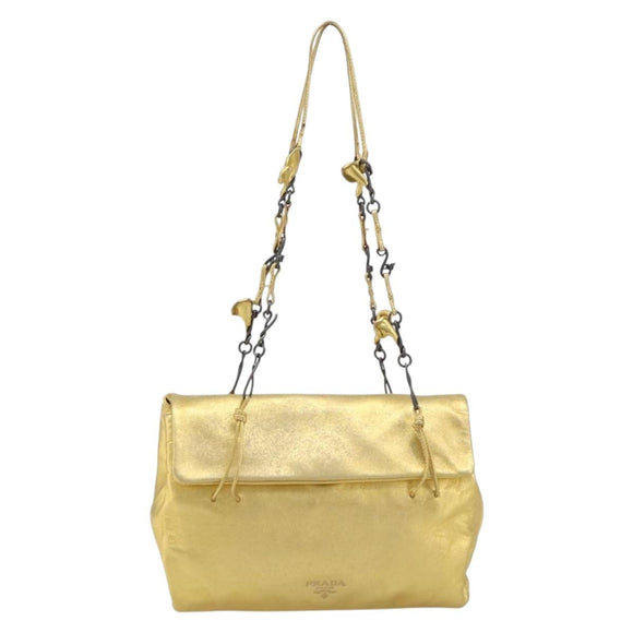 PRADA Chain Shoulder Bag Leather Gold Auth 207307