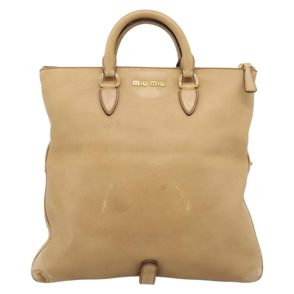 Miu Miu Hand Bag Leather 2way Beige Gold Tone Auth 207325