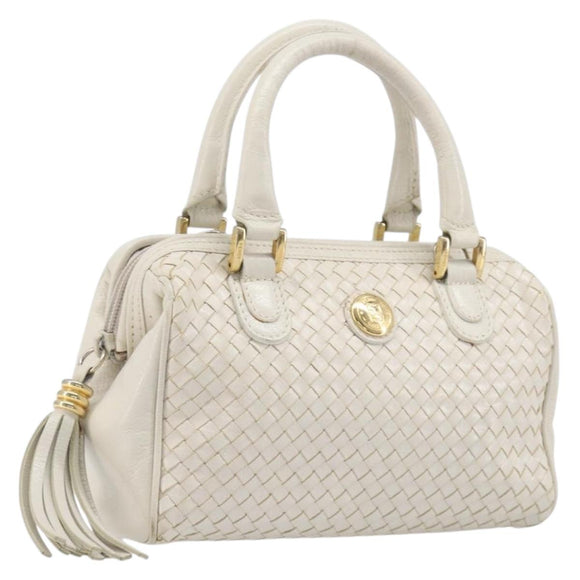 FENDI Hand Bag Leather White Gold Auth 207365