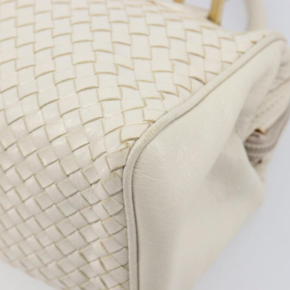 FENDI Hand Bag Leather White Gold Auth 207365