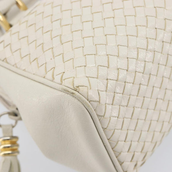 FENDI Hand Bag Leather White Gold Auth 207365