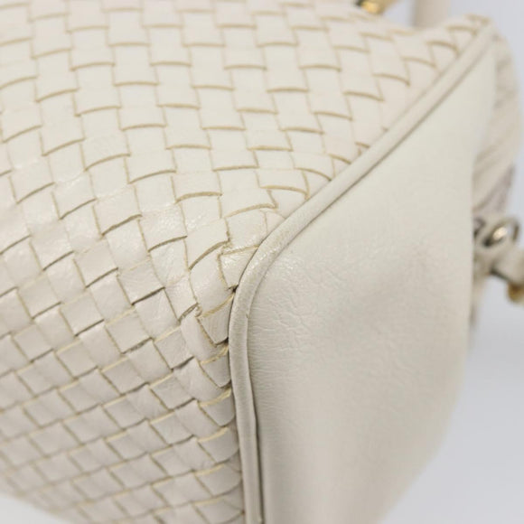 FENDI Hand Bag Leather White Gold Auth 207365