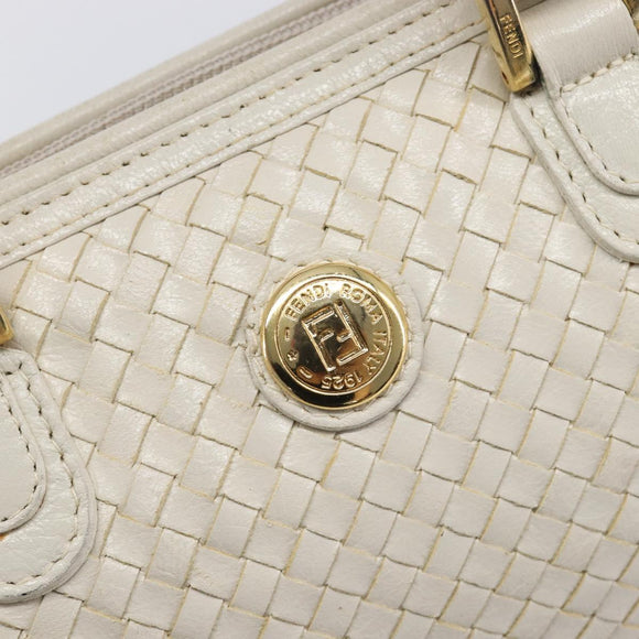 FENDI Hand Bag Leather White Gold Auth 207365