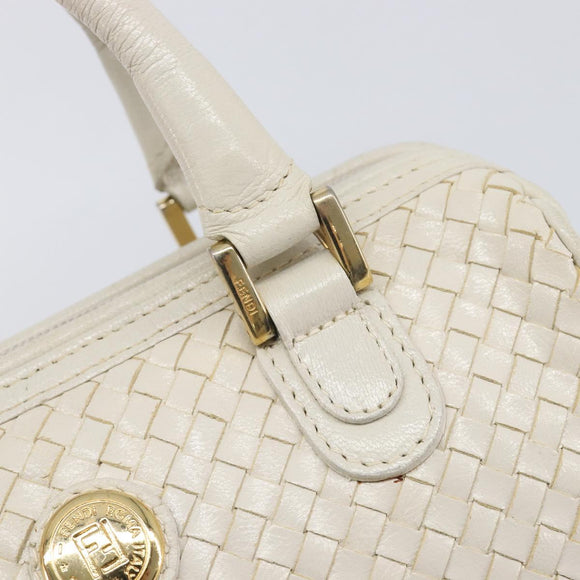 FENDI Hand Bag Leather White Gold Auth 207365