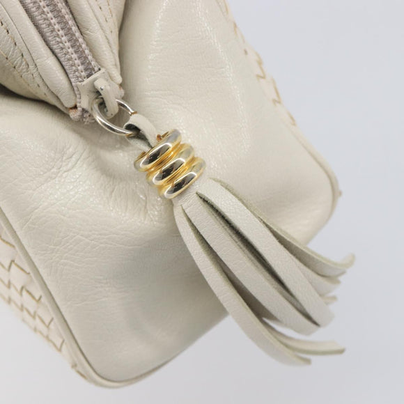 FENDI Hand Bag Leather White Gold Auth 207365