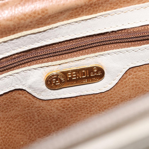 FENDI Hand Bag Leather White Gold Auth 207365