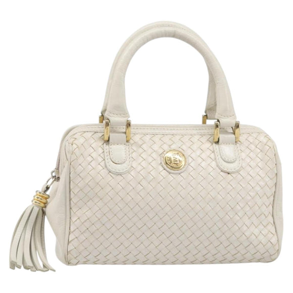 FENDI Hand Bag Leather White Gold Auth 207365