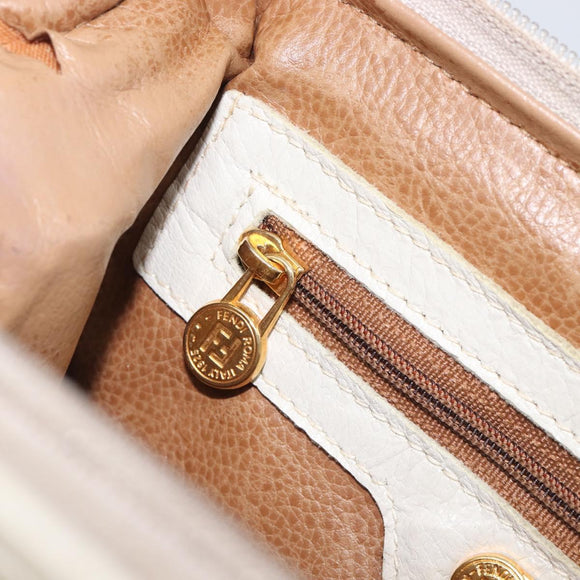 FENDI Hand Bag Leather White Gold Auth 207365