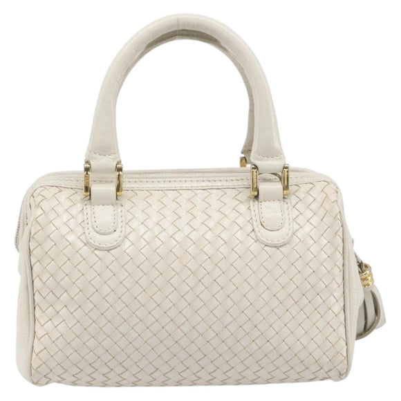 FENDI Hand Bag Leather White Gold Auth 207365
