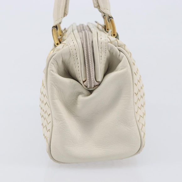 FENDI Hand Bag Leather White Gold Auth 207365