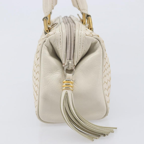 FENDI Hand Bag Leather White Gold Auth 207365