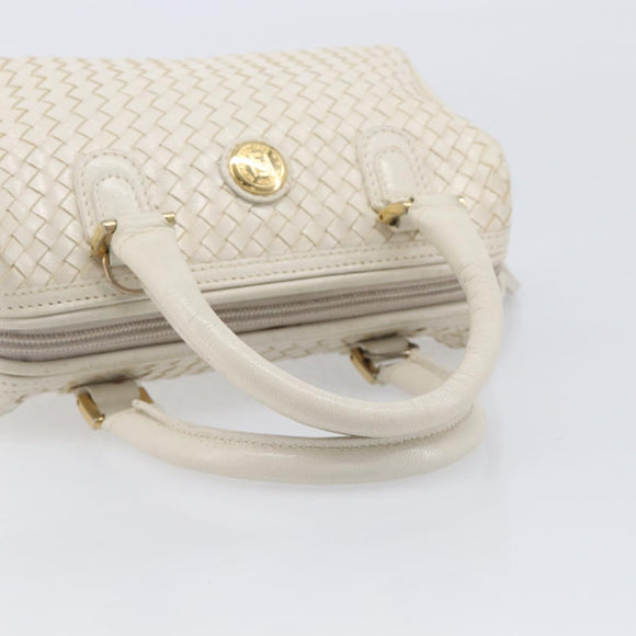 FENDI Hand Bag Leather White Gold Auth 207365
