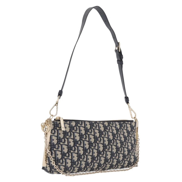 Christian Dior Trotter Canvas Oblique Shoulder Bag Navy Gold Auth 207367SAV