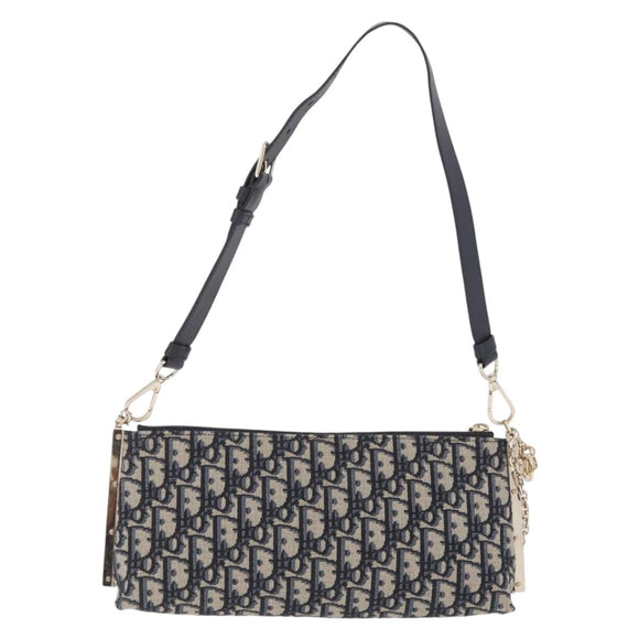 Christian Dior Trotter Canvas Oblique Shoulder Bag Navy Gold Auth 207367SAV