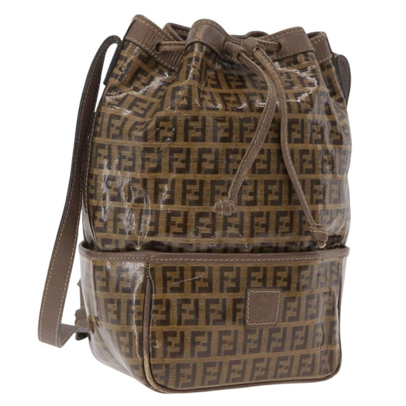 FENDI Zucchino Canvas Shoulder Bag Coated Canvas Beige Gold Auth 207406