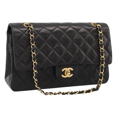 CHANEL Matelasse 25 Chain Shoulder Bag Lamb Skin Black Gold CC Auth 207421SAM