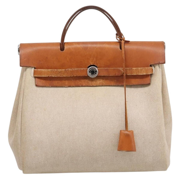 HERMES Her Bag A Dos Backpack Canvas 2way Beige Silver Auth 207431