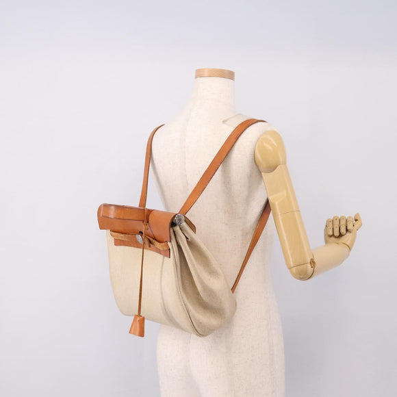 HERMES Her Bag A Dos Backpack Canvas 2way Beige Silver Auth 207431
