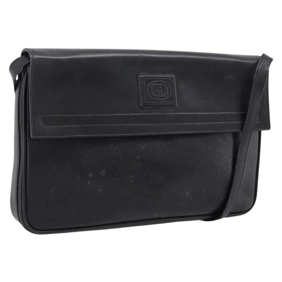 GUCCI Shoulder Bag Leather Black Gold Auth 207435