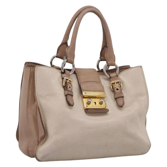 Miu Miu Madras Hand Bag Leather Beige Gold Auth 207444