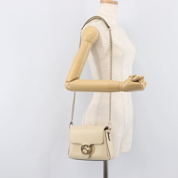 GUCCI Interlocking G Chain Shoulder Bag Leather White Gold 607720 Auth 207449V
