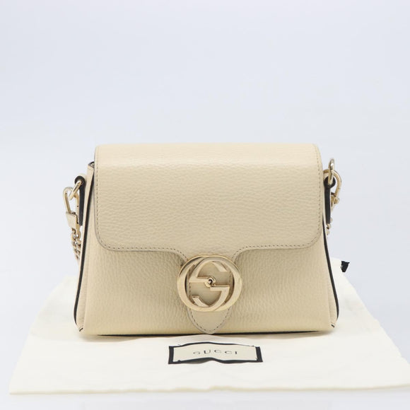 GUCCI Interlocking G Chain Shoulder Bag Leather White Gold 607720 Auth 207449V