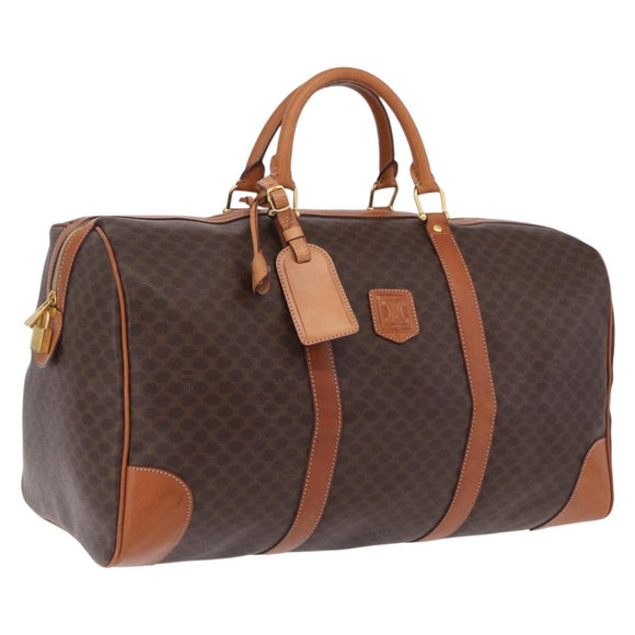 CELINE Macadam Canvas Boston Bag PVC Leather Brown Gold Auth 207455V