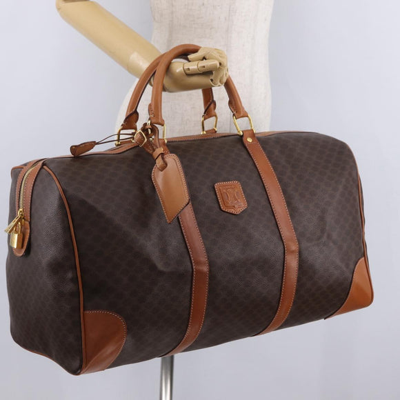 CELINE Macadam Canvas Boston Bag PVC Leather Brown Gold Auth 207455V
