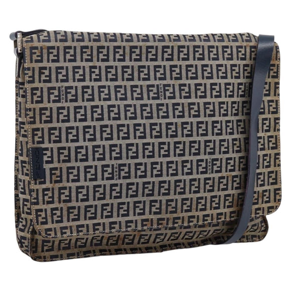 FENDI Zucchino Canvas Shoulder Bag Navy Silver Auth 207459