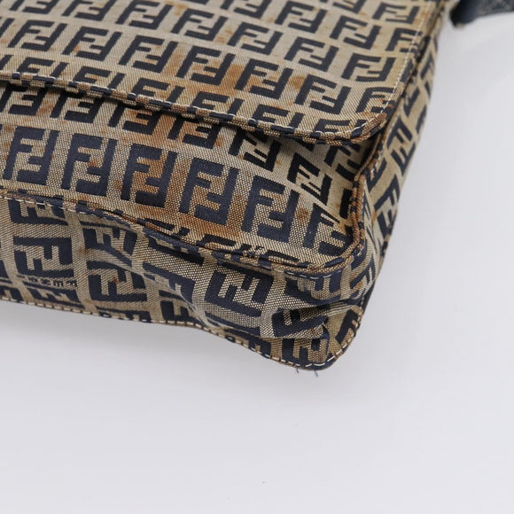 FENDI Zucchino Canvas Shoulder Bag Navy Silver Auth 207459