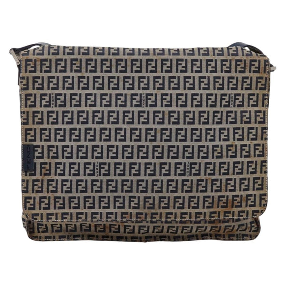 FENDI Zucchino Canvas Shoulder Bag Navy Silver Auth 207459