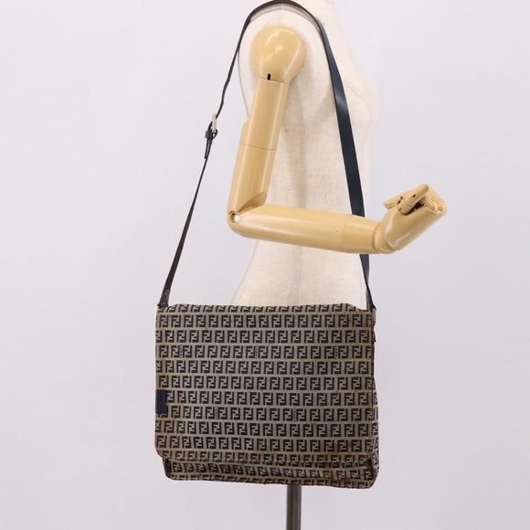 FENDI Zucchino Canvas Shoulder Bag Navy Silver Auth 207459
