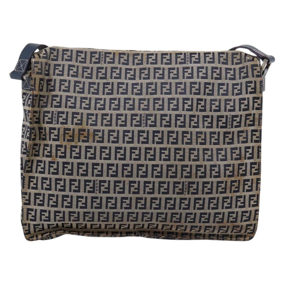 FENDI Zucchino Canvas Shoulder Bag Navy Silver Auth 207459
