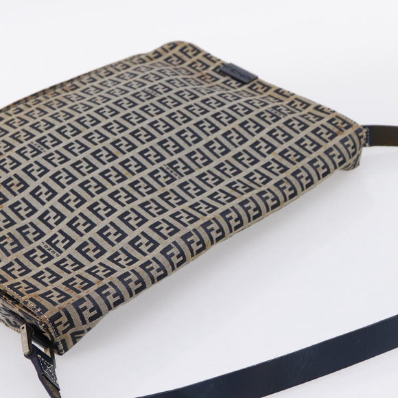 FENDI Zucchino Canvas Shoulder Bag Navy Silver Auth 207459