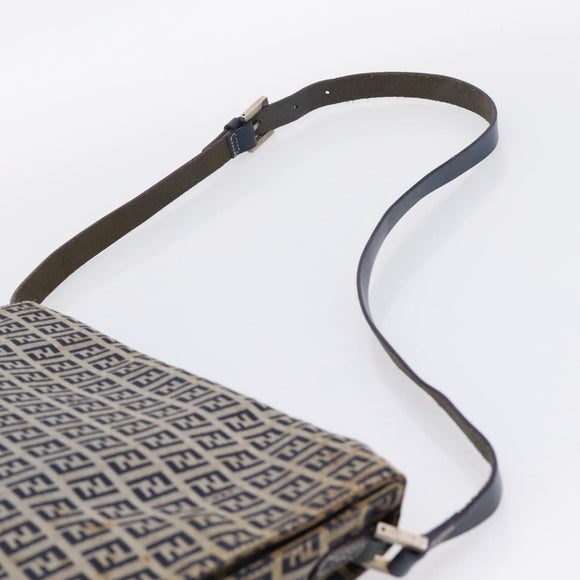 FENDI Zucchino Canvas Shoulder Bag Navy Silver Auth 207459