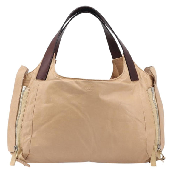 CELINE Tote Bag Leather Beige Silver Auth 207461A