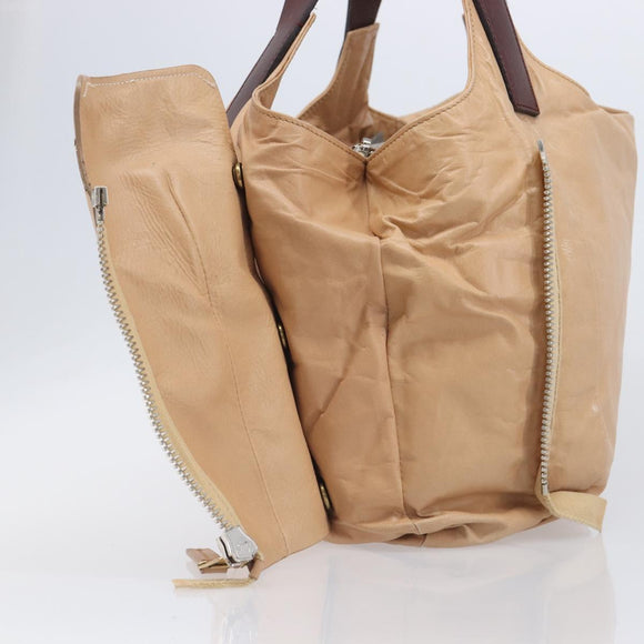 CELINE Tote Bag Leather Beige Silver Auth 207461A