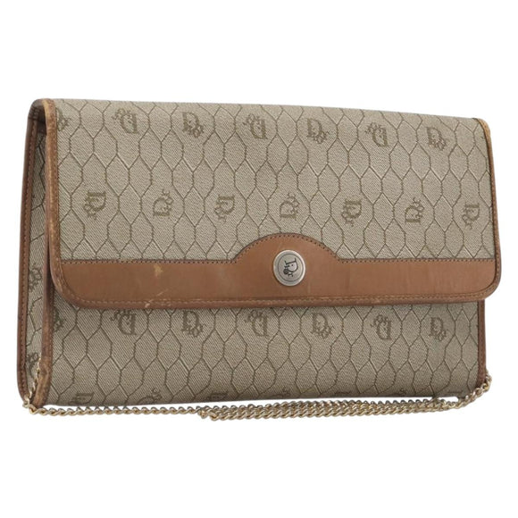 Christian Dior Honeycomb Canvas Chain Shoulder Bag PVC Beige Gold Auth 207466