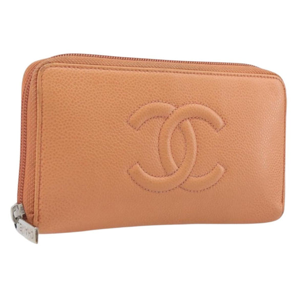 CHANEL Wallet Caviar Skin Orange Silver CC Auth 207480