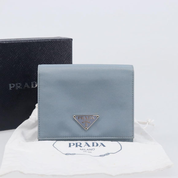 PRADA Compact Wallet Nylon Light Blue Silver Auth 207486A