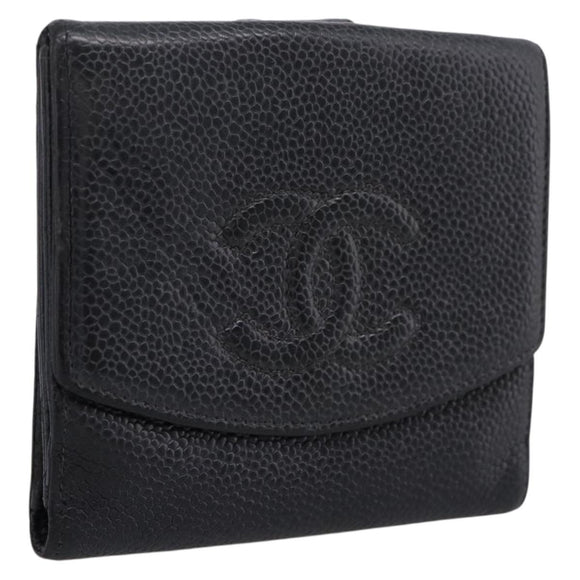 CHANEL Wallet Caviar Skin Black Gold CC Auth 207488